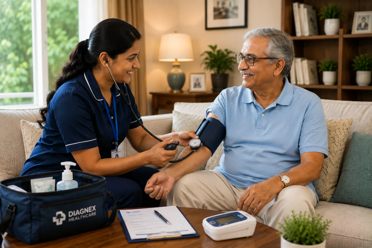 Care professional checking an older patient’s blood pressure at home